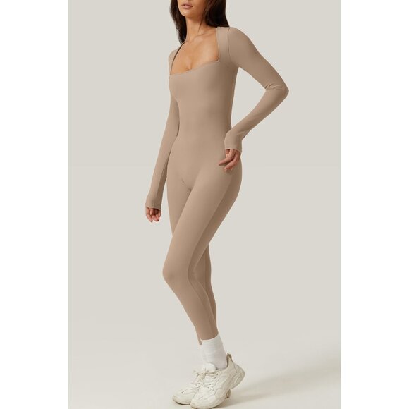 Women Cococa Cream Sexy Square Neck Long Sleeve Full Length Leggings Bodycon - Picture 4 of 7